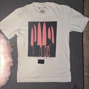 Zara White Tee with Pink Knife Graphic